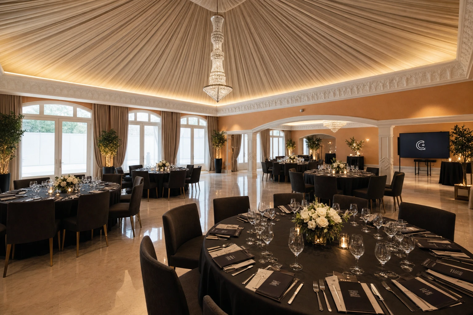 Orangerie dressée pour un dîner de gala d'entreprise